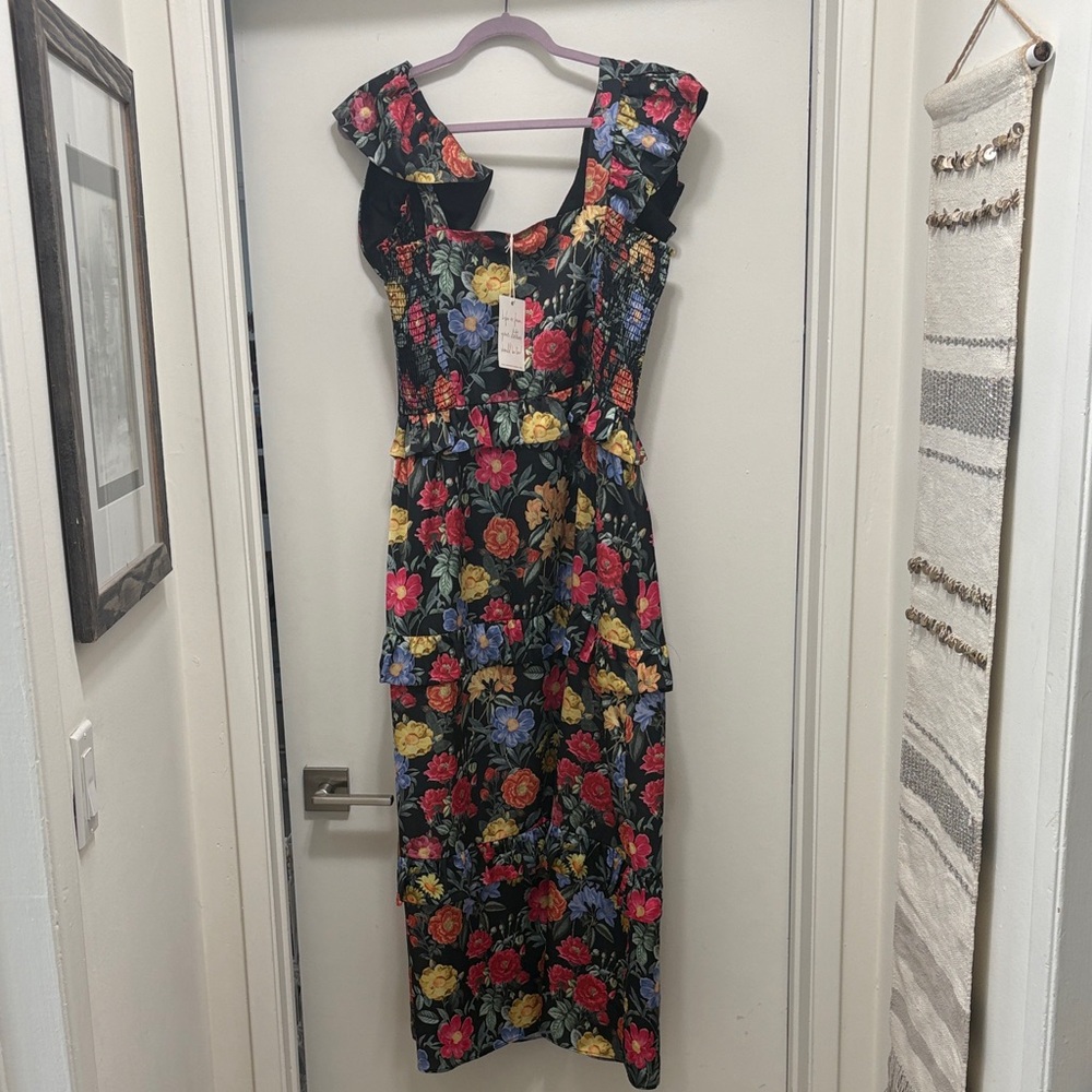 Show Me Your MuMu Black Floral Ruffle-Strap Midi Dress